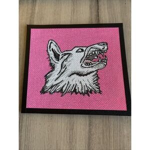 Handpainted Needlepoint Canvas Pink & White Wolf Dog 13 Mesh 7" x 7"